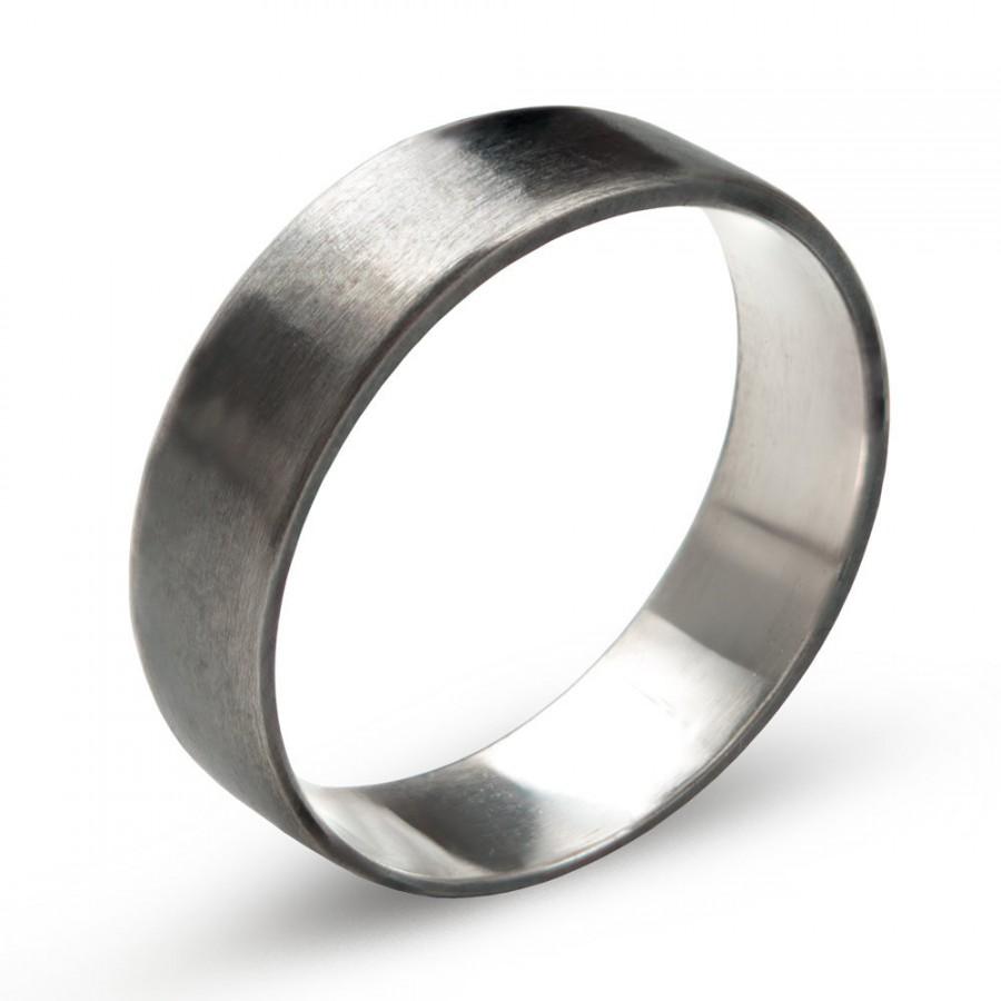 Hochzeit - Sterling Silver Flat Wedding Band Ring Oxidized Black, Hand Forged  6 mm x 1 mm  Mens Silver Wedding Band , Unisex Minimalist Ring Valkyrie