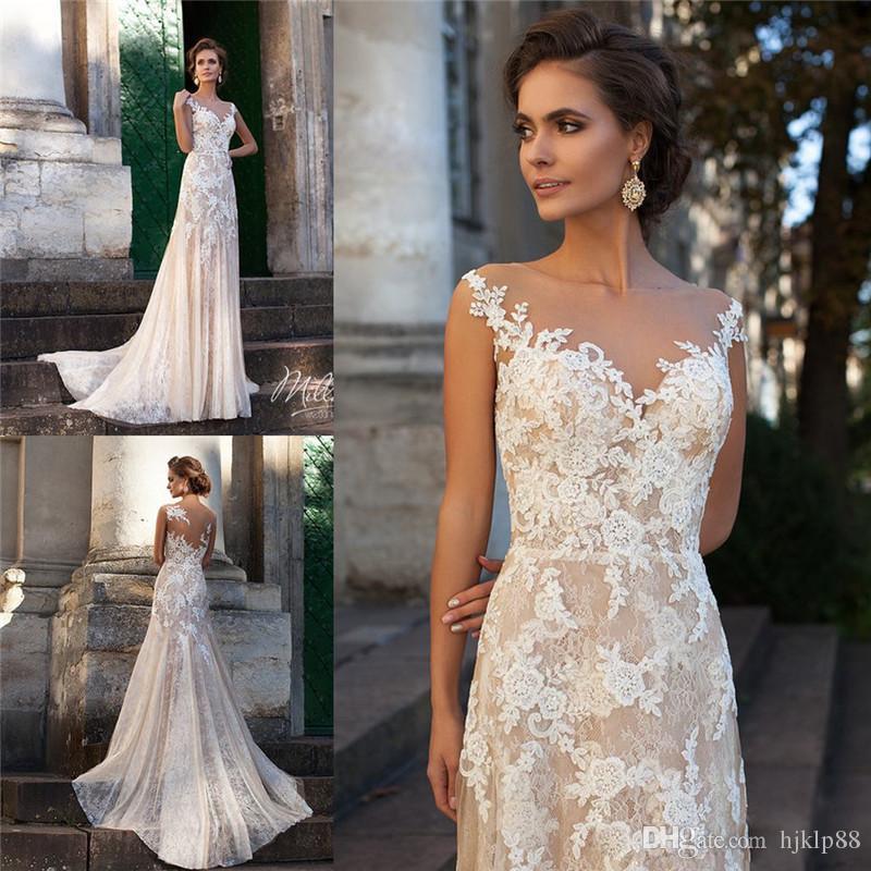 Wedding - Champagne Milla Nova VENA Appliques Lace Wedding Dresses Jewel Neckline A Line Sleeveless Bridal Gown Floor Length Wedding Gowns Lace Luxury Illusion Online with 160.0/Piece on Hjklp88's Store 