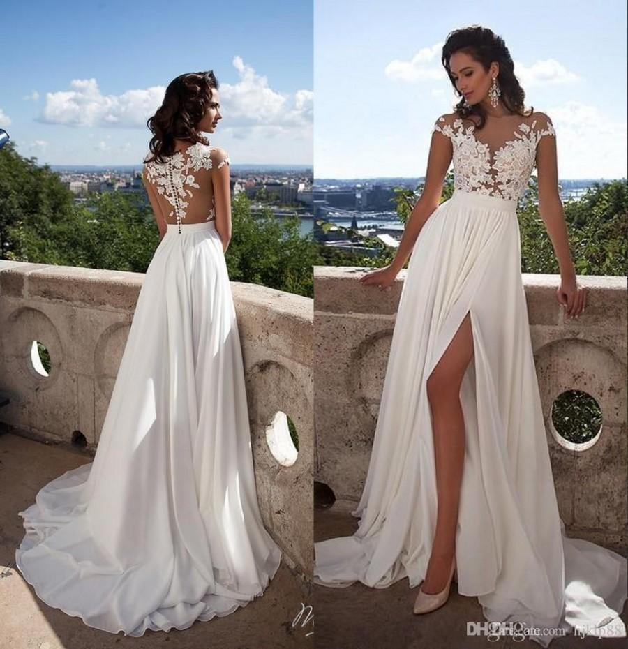 زفاف - Summer Beach Milla Nova SELENA Sexy Sheer Lace Appliqued A Line Wedding Dresses Capped Sleeves High Split Side Chiffon Cheap Bridal Gowns Lace Luxury Illusion Online with 148.58/Piece on Hjklp88's Store 