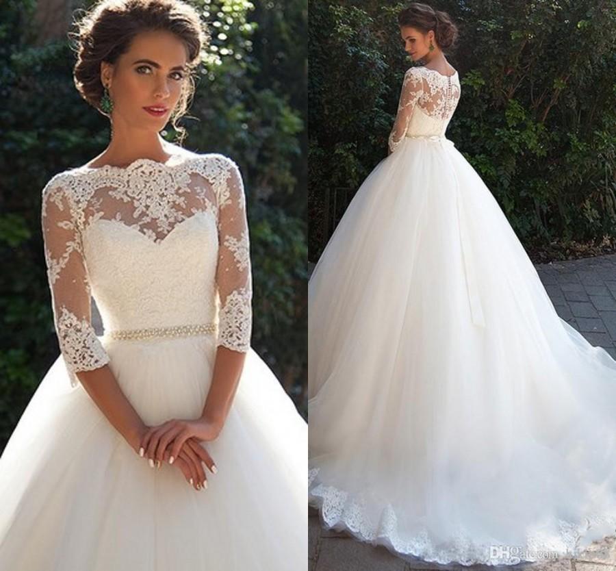 Mariage - Vintage 2016 Milla Nova A Line Wedding Dresses Garden Country Bridal Gowns With 3/4 Long Sleeves Lace Appliques Beaded Sash Plus Size Lace Luxury Illusion Online with 157.72/Piece on Hjklp88's Store 