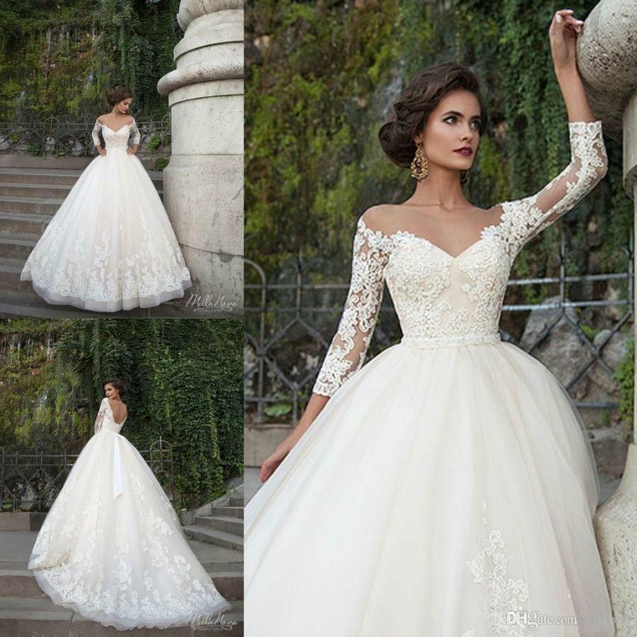 Свадьба - Sexy Milla Nova Wedding Dresses 3/4 Long Sleeve Sheer Illusion Ribbon Beads Chapel Train Church 2016 Custom Lace Applique Bridal Ball Gowns Lace Luxury Illusion Online with 157.72/Piece on Hjklp88's Store 