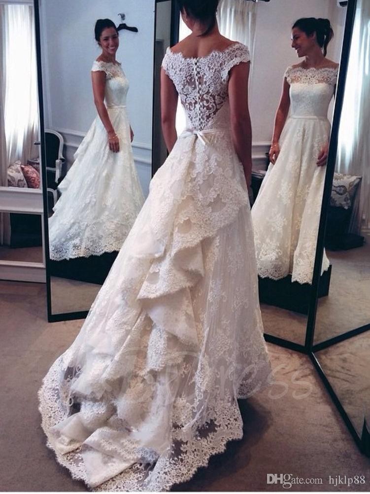 Hochzeit - New Arrival Real Picture Classic Off-The-Shoulder Tiered Lace A-Line Wedding Dresses Illusion Backless Bridal Gowns Sweep Train Lace Luxury Illusion Online with 160.0/Piece on Hjklp88's Store 