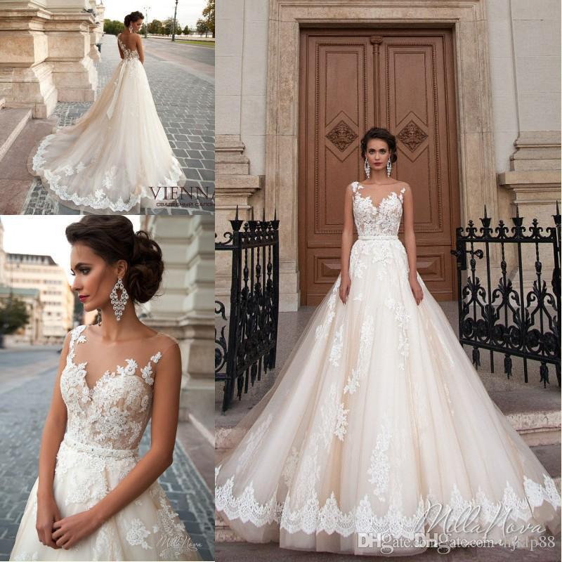 Mariage - New Sexy See Through Back Wedding Dresses 2016 Arabic Milla Nova JENEVA Lace Appliques Vestios De Novia Bridal Gowns with Pearls Sash Tulle Lace Luxury Illusion Online with 162.29/Piece on Hjklp88's Store 
