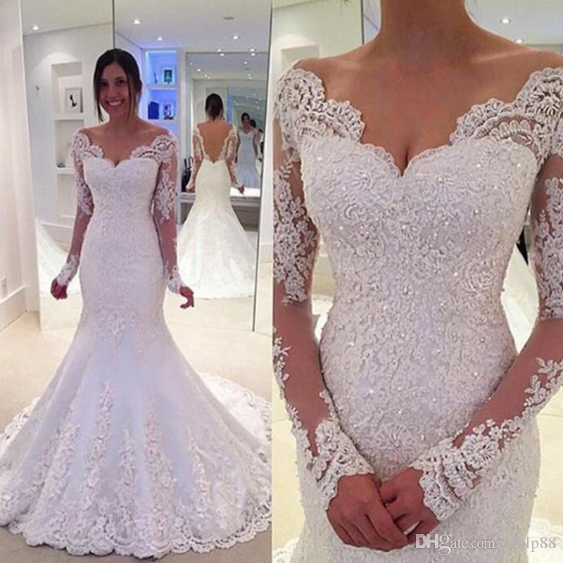 Свадьба - 2017 Country Wedding Dresses Off The Shoulder Long Sleeves Mermaid Backless Bridal Gowns Lace Sweetheart Vestido De Noiva De Renda Lace Online with 165.72/Piece on Hjklp88's Store 