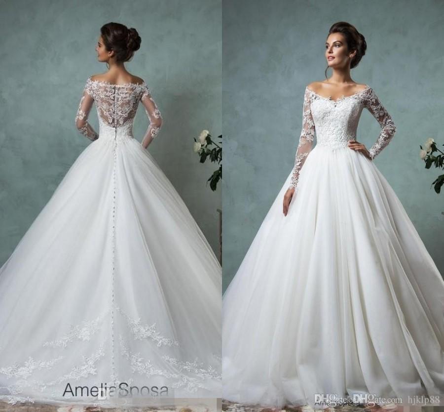 Hochzeit - Amelia Sposa 2016 Lace Wedding Dresses Long Sleeve Bridal Ball Gown Sexy Vintage Cheap V-Neck Arabic Sheer Wedding Dress Appliques Lace Luxury Illusion Online with 156.58/Piece on Hjklp88's Store 