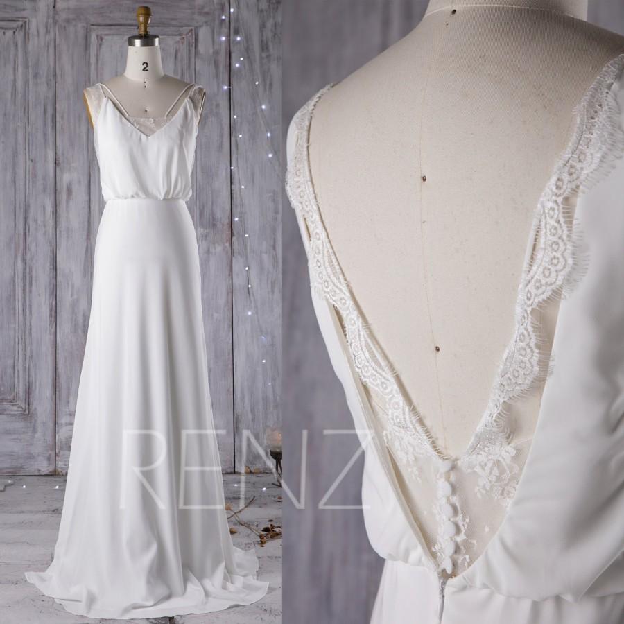 Hochzeit - 2016 Off White Chiffon Bridesmaid Dress, V Neck Lace Wedding Dress, Open Back Orom Dress, A Line Evening Gown Floor Length (LW198)