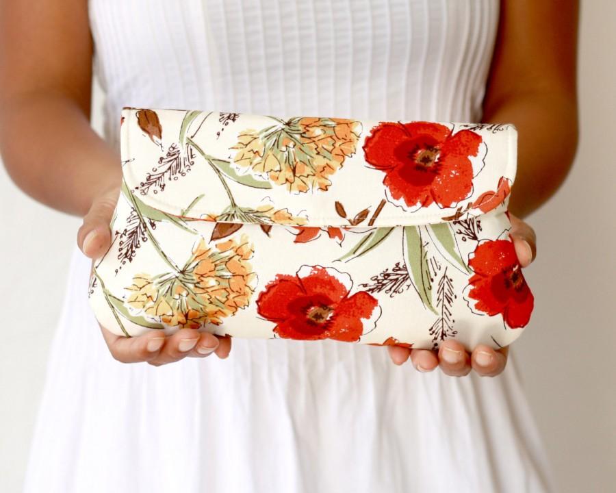 Hochzeit - Bridesmaid clutch - simple wedding clutch honeycrisp red floral in cream