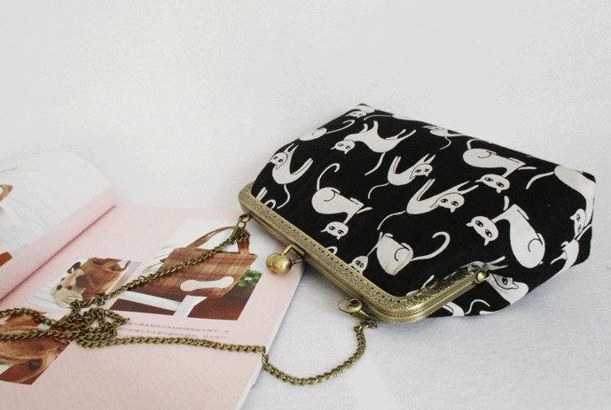 زفاف - Vintage lovely cat handmade bag/ Kiss lock frame bag / Fun Clutch Purse Metal frame purse/coin purse / handbag /Pouch/clutch/tote bag