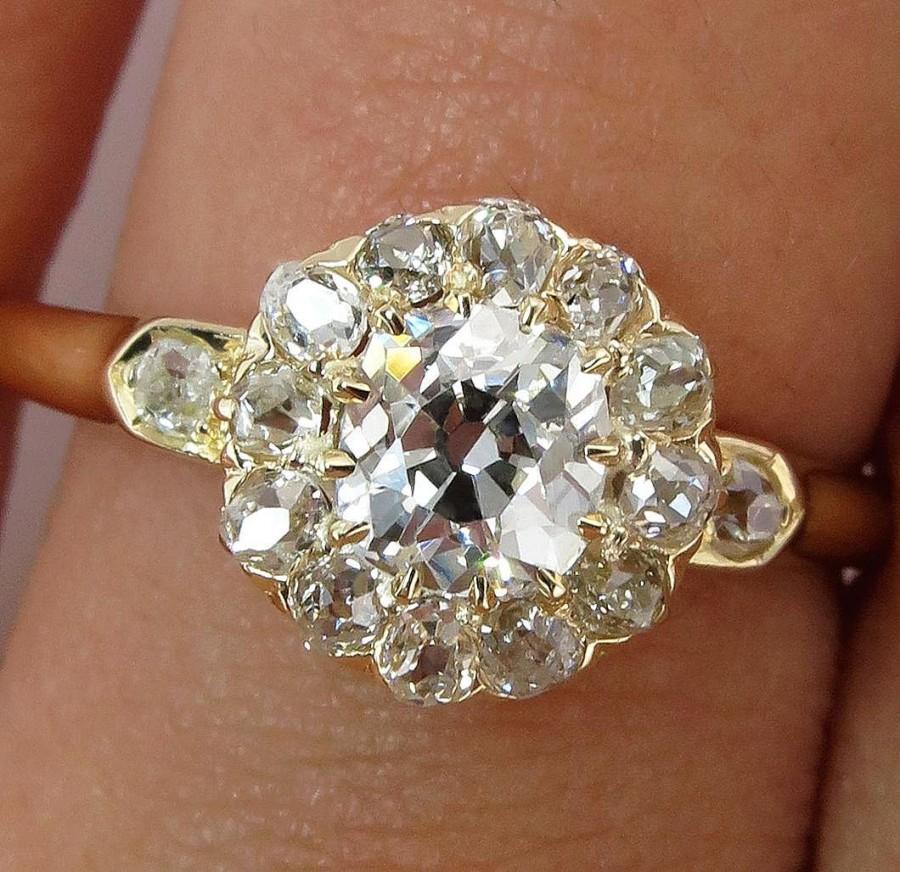 زفاف - Victorian GIA 1.02ct Old Mine Cushion Diamond Antique Vintage Cluster Wedding Engagement 18k Gold Ring