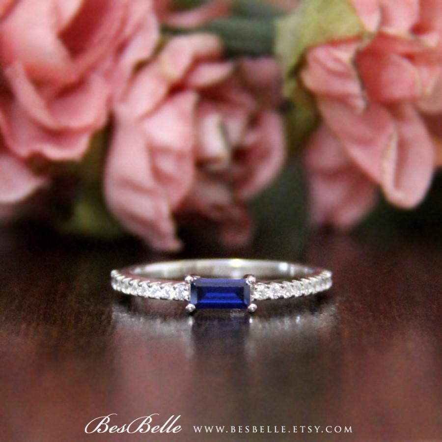 زفاف - 0.55 ct.tw Blue Baguette Solitaire Engagement Band Ring-Baguette Cut Diamond Simulants-Promise Ring-Sterling Silver [52350RH-BL]