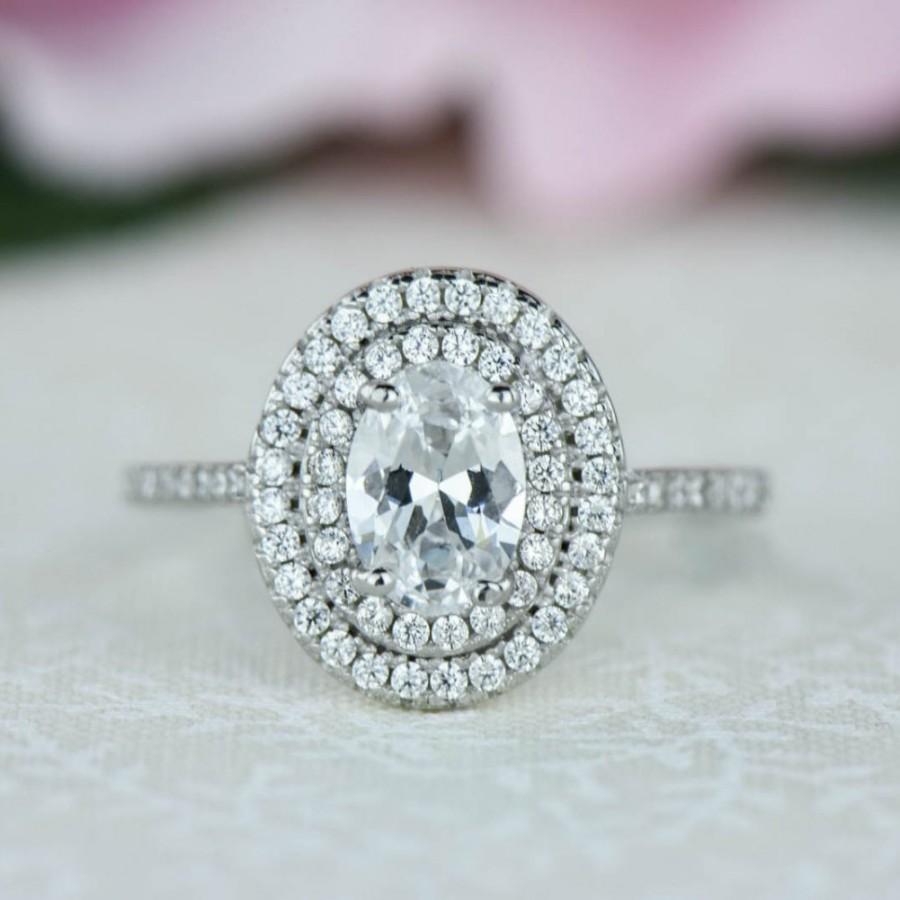 زفاف - 1 ctw Oval Double Halo Ring, Engagement Ring, 3/4 Carat Center, Man Made Diamond Simulants, Half Eternity Wedding Ring, Sterling Silver