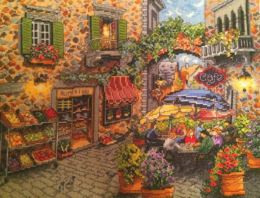 Wedding - Finished Cross stitch Picture Sidewalk Cafe, Nicky Boehme design, Home decor, Gift, Hand Embroidery Wall decor