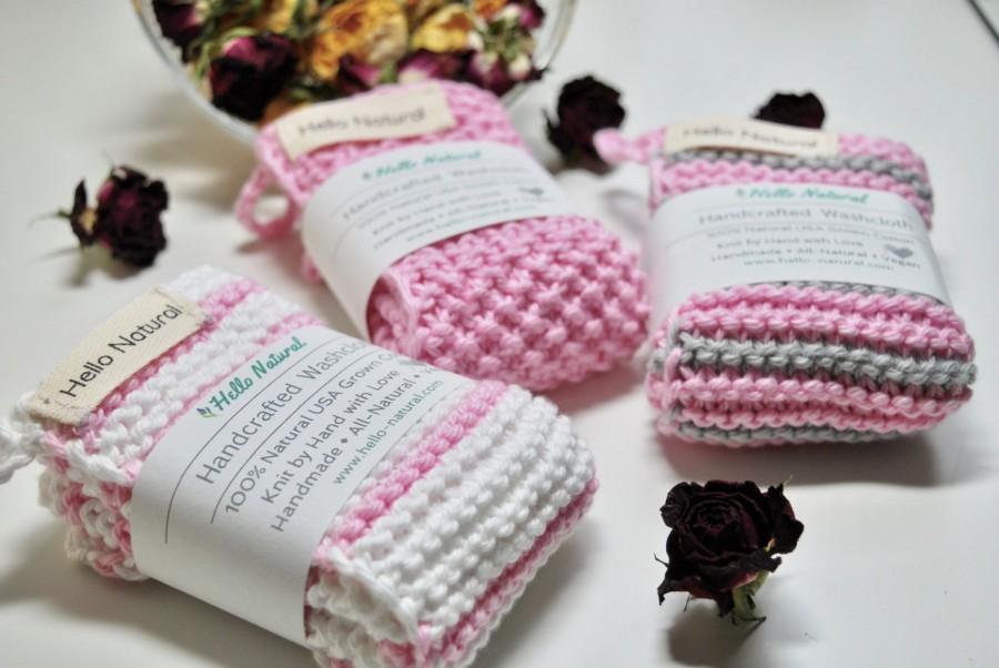 Wedding - Pink Handmade Knitted Washcloth, Knitted Dishcloth, 100% Cotton USA Grown, Spa Washcloth, Cotton Knit Washcloth, Spa Gift Set, Eco-Friendly