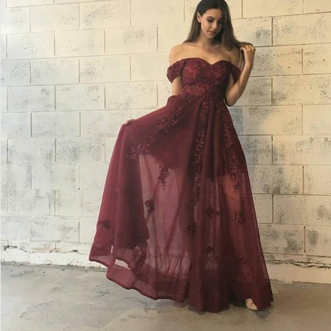 Hochzeit - Stylish Burgundy Prom Dress - Off-the-Shoulder Floor-Length with Lace Appliques from Dressywomen
