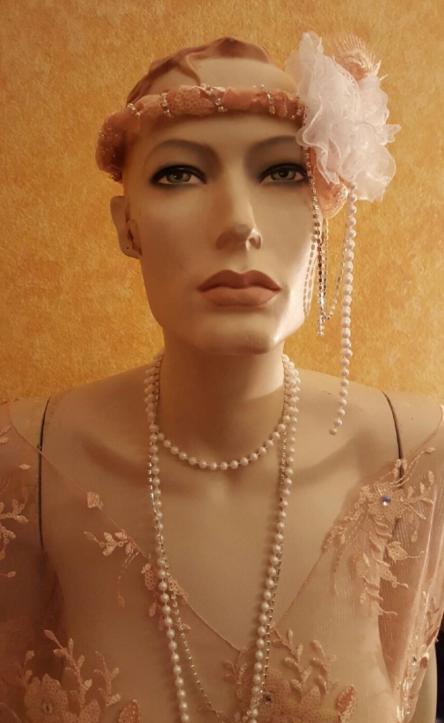 زفاف - Blush Peach & White Embroidered Lace Pearl Crystal Sequin Flapper Gatsby 20's Style Headpiece Headband Bridal Wedding Party Costume