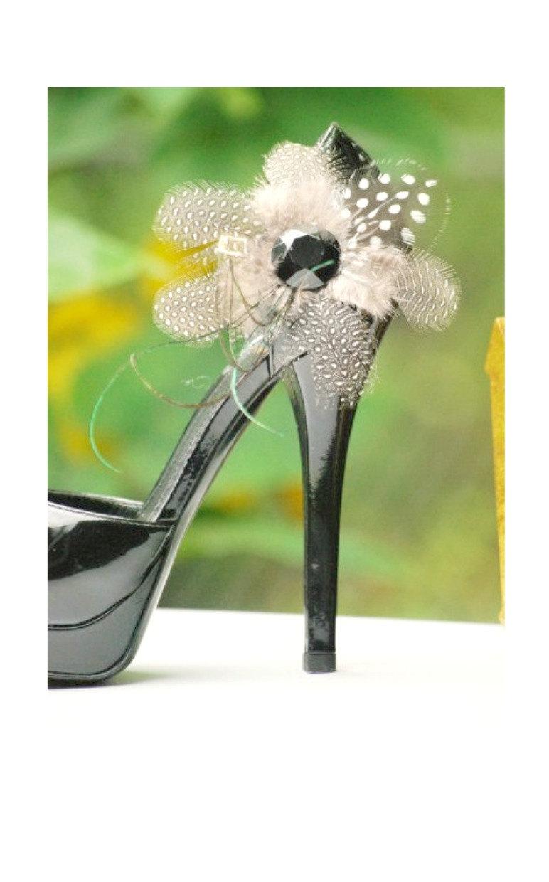 Wedding - Classy Bridal Shoe Clip Set. Handmade Statement Jewel Gem, Couture Winter Bride Bridesmaid Party Gift, Elegant Boudoir Edgy Chic, Ebony Noir