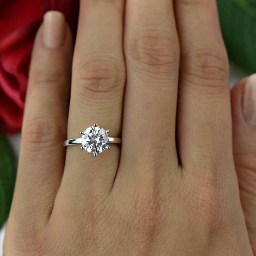 Wedding - 2 ct Classic Solitaire Engagement Ring, Man Made Diamond Simulant, 6 Prong Wedding Ring, Bridal Ring, Promise Ring, Sterling Silver