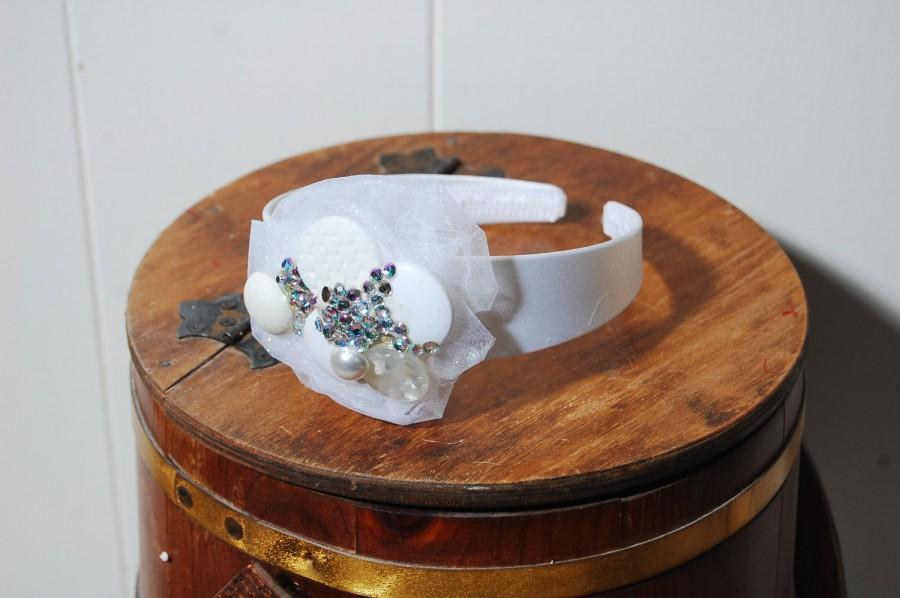 Hochzeit - Headband of Vintage White Buttons with Swarovski Crystals Set in White Tule
