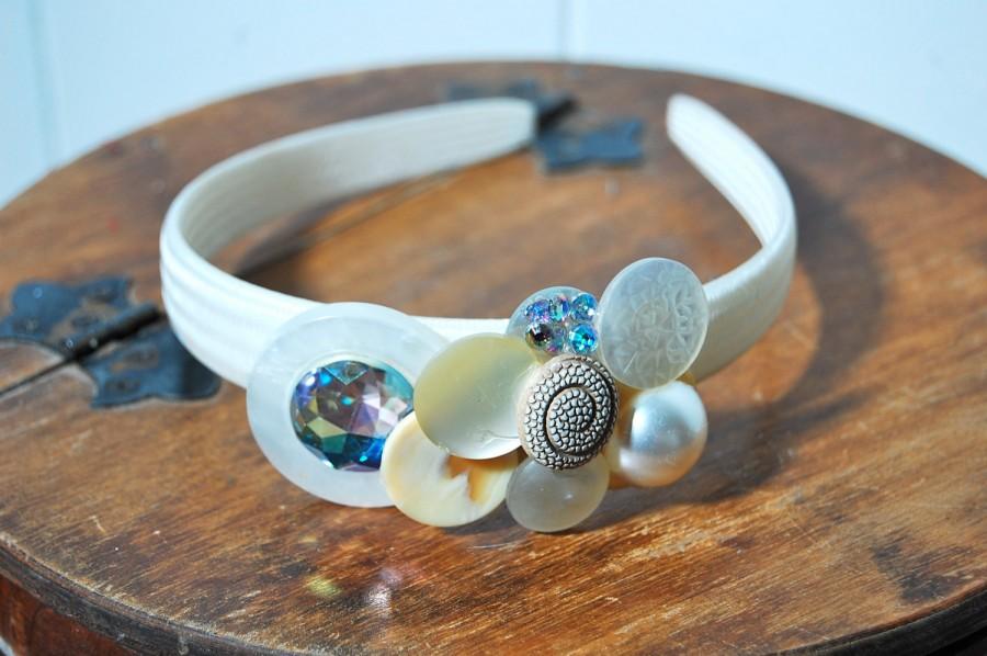 Wedding - Headband of Vintage Cream and White Buttons with Pearl and Swarovski Crystals