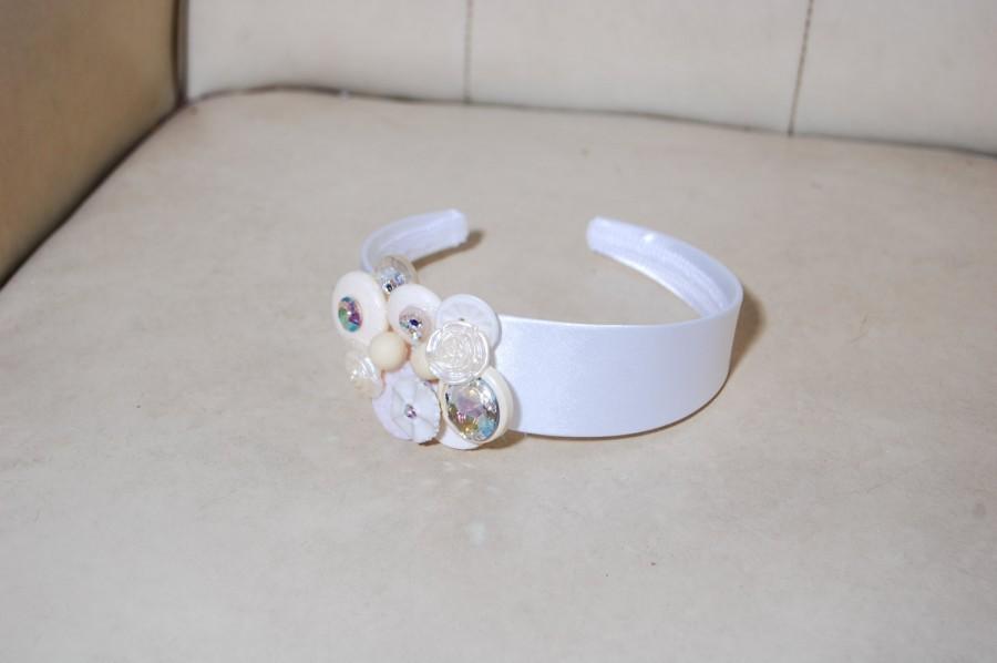 Hochzeit - Headband of Vintage Cream and Off White Buttons with Swarovski Crystals