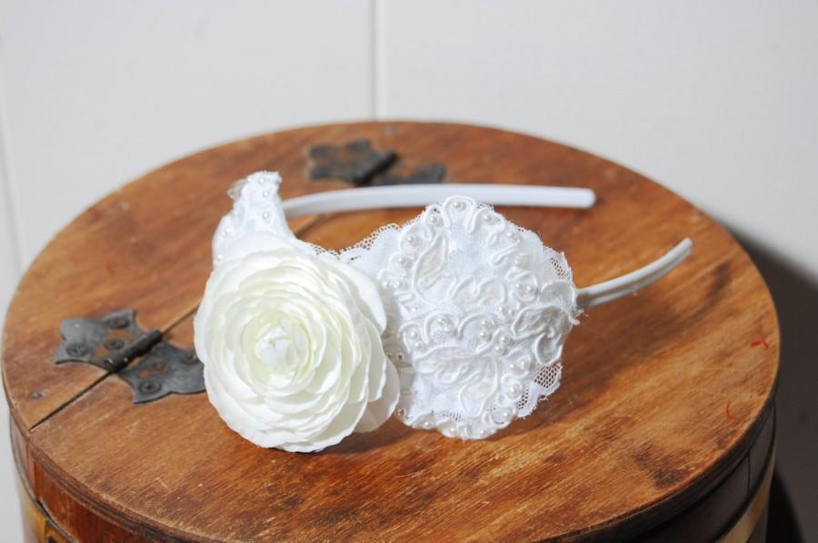 Hochzeit - Vintage Upcycled Lace and Cream Silk Rose Headband