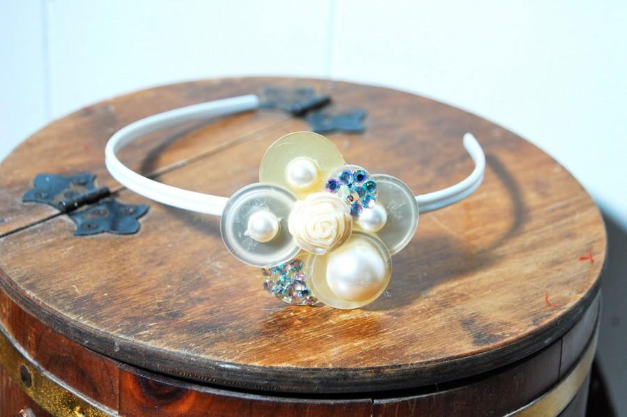 Wedding - Vintage Button Headband Encrusted wth Pearls and Swarovski Cr;ystals