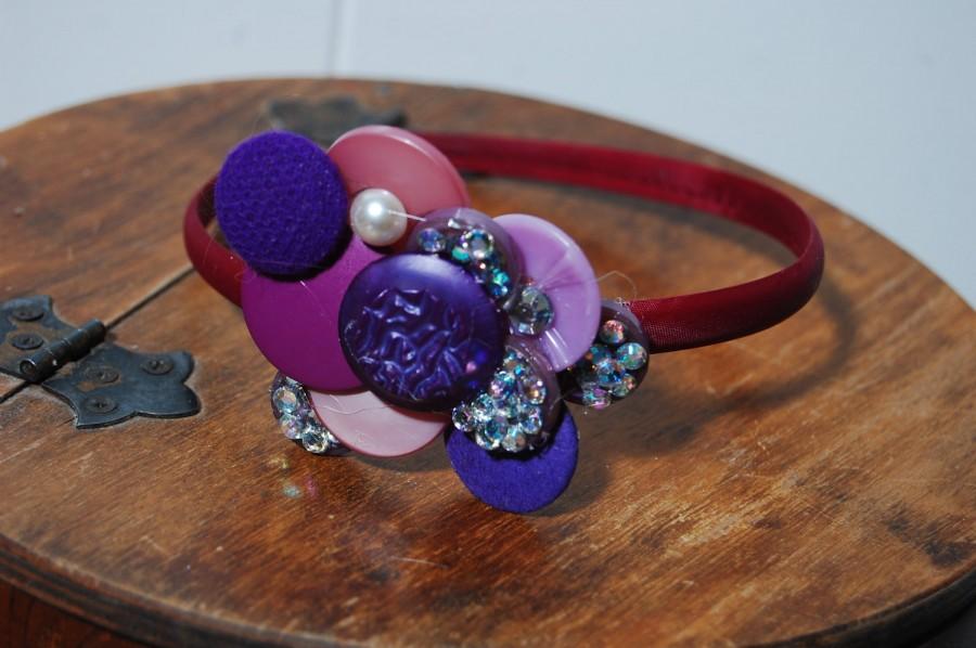 Hochzeit - Purple Vintage New Button Cluster with Swarovski Crystals Set on a Metal Headband Barrette Wedding Bridal Steampunk Retro Hipster Tween
