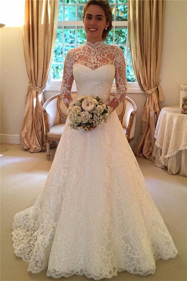 Wedding - Elegant Lace A-line Long Sleeve High Neck Wedding Dresses WD032