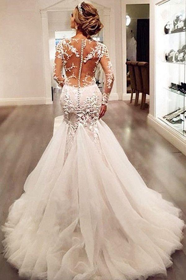زفاف - Long Sleeves Court Train Mermaid Wedding Dress With Lace Appliques WD037
