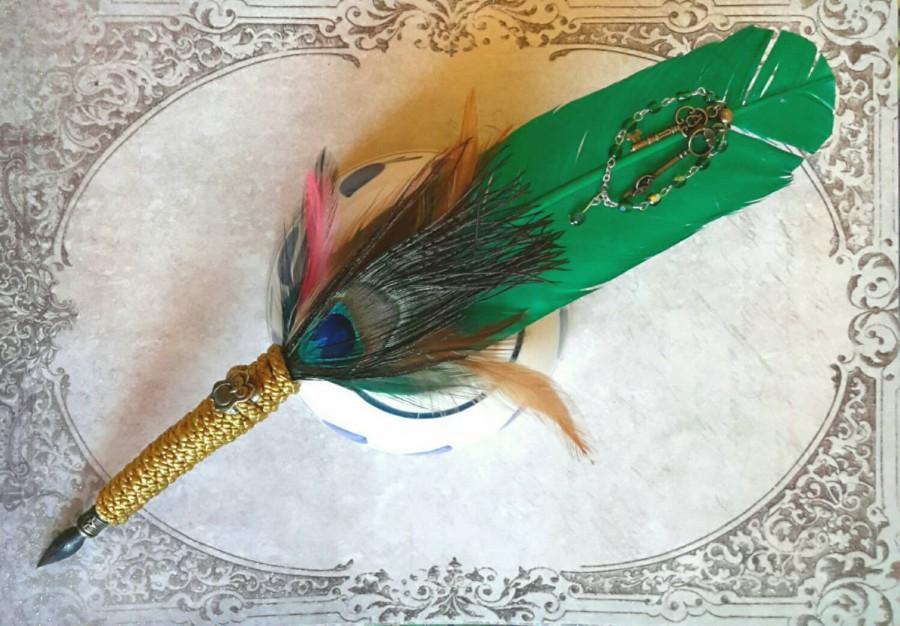 Hochzeit - Custom Quill Pen vintage nib + BIRO for Fantasy Gothic LOTR Pagan Handfasting Wedding, green red & brown with keys + owl charm FREE PnP uk