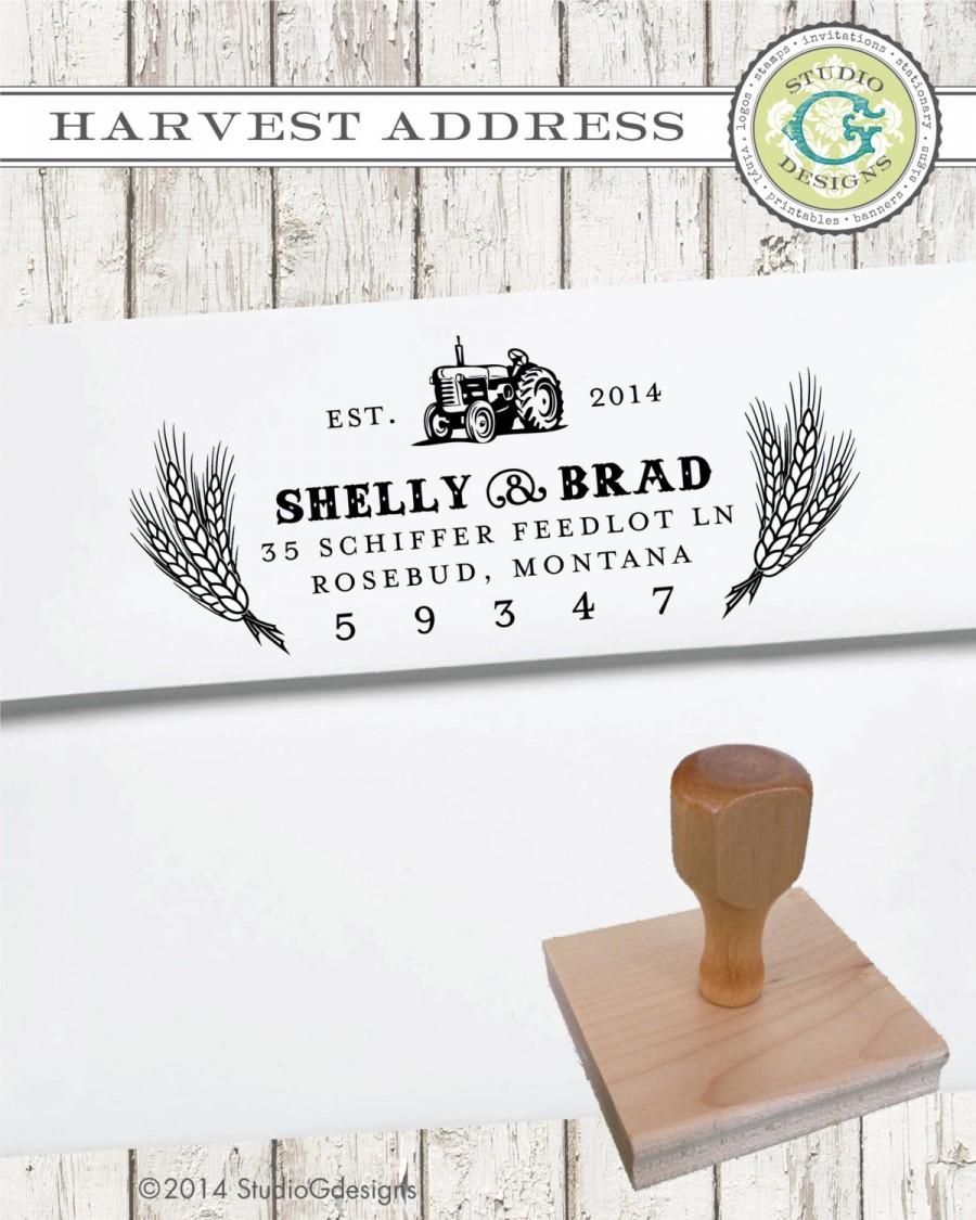 Wedding - Return Address Stamp – 1.25 x 3 in TRACTOR HARVEST  WHEAT  --  Personalized Wedding Paper Goods