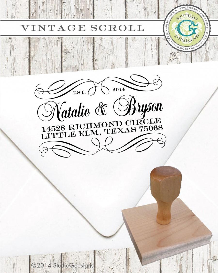 Mariage - Return Address Stamp – 1.5 X 2.5 in VINTAGE SCROLL – Personalized Custom Wedding Paper Goods