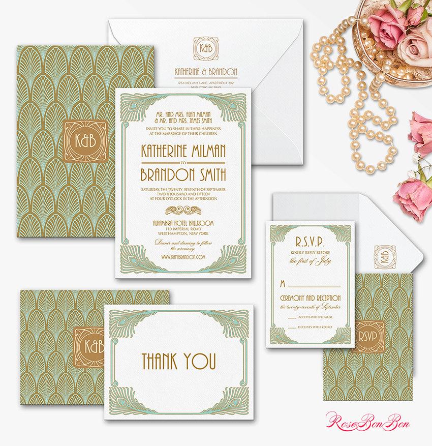 Свадьба - Art deco Printable Wedding Invitation Set - Art deco Diy Printable invitation - Glamour Wedding invitation