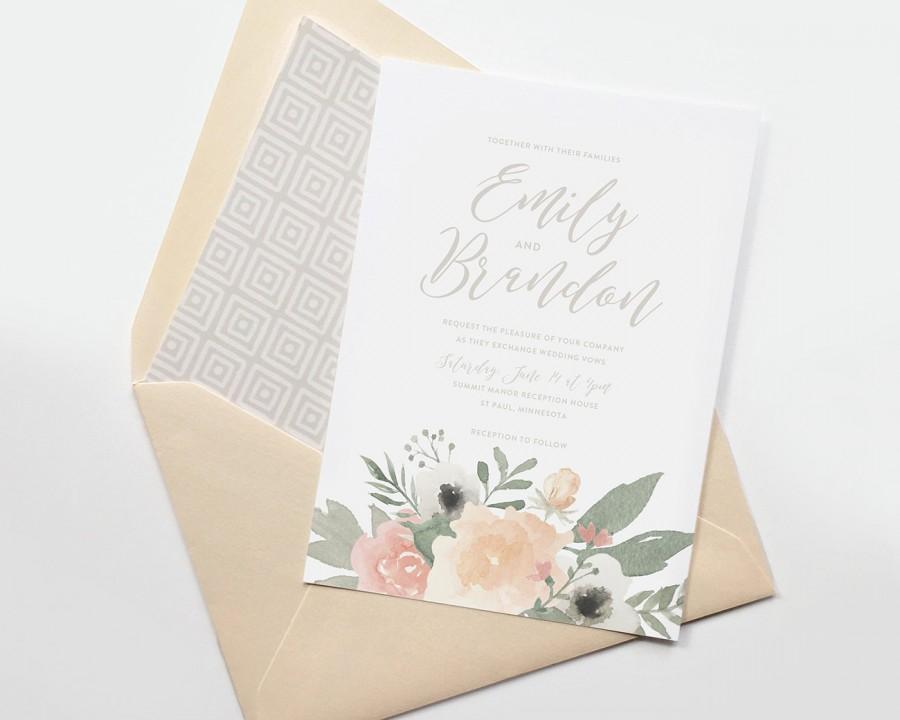 Mariage - Blush floral wedding invitation, romantic wedding invitation, watercolor floral, pink wedding, blush and gray wedding, peach and gray