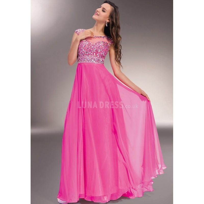 Mariage - Sexy Chiffon Bateau Neck A line Floor Length Cap Sleeves Prom Dresses With Crystal - Compelling Wedding Dresses