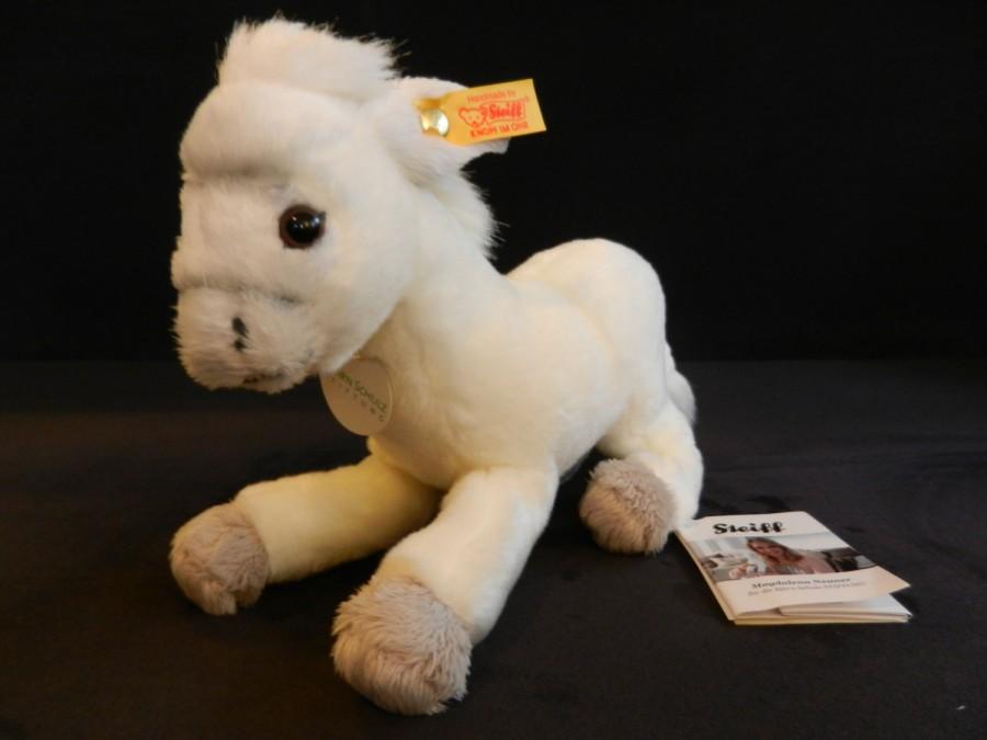 Mariage - STEIFF white donkey, 1000 pieces limited, Björn Schulz Foundation, Magdalena Neuner, with button, flag and shield