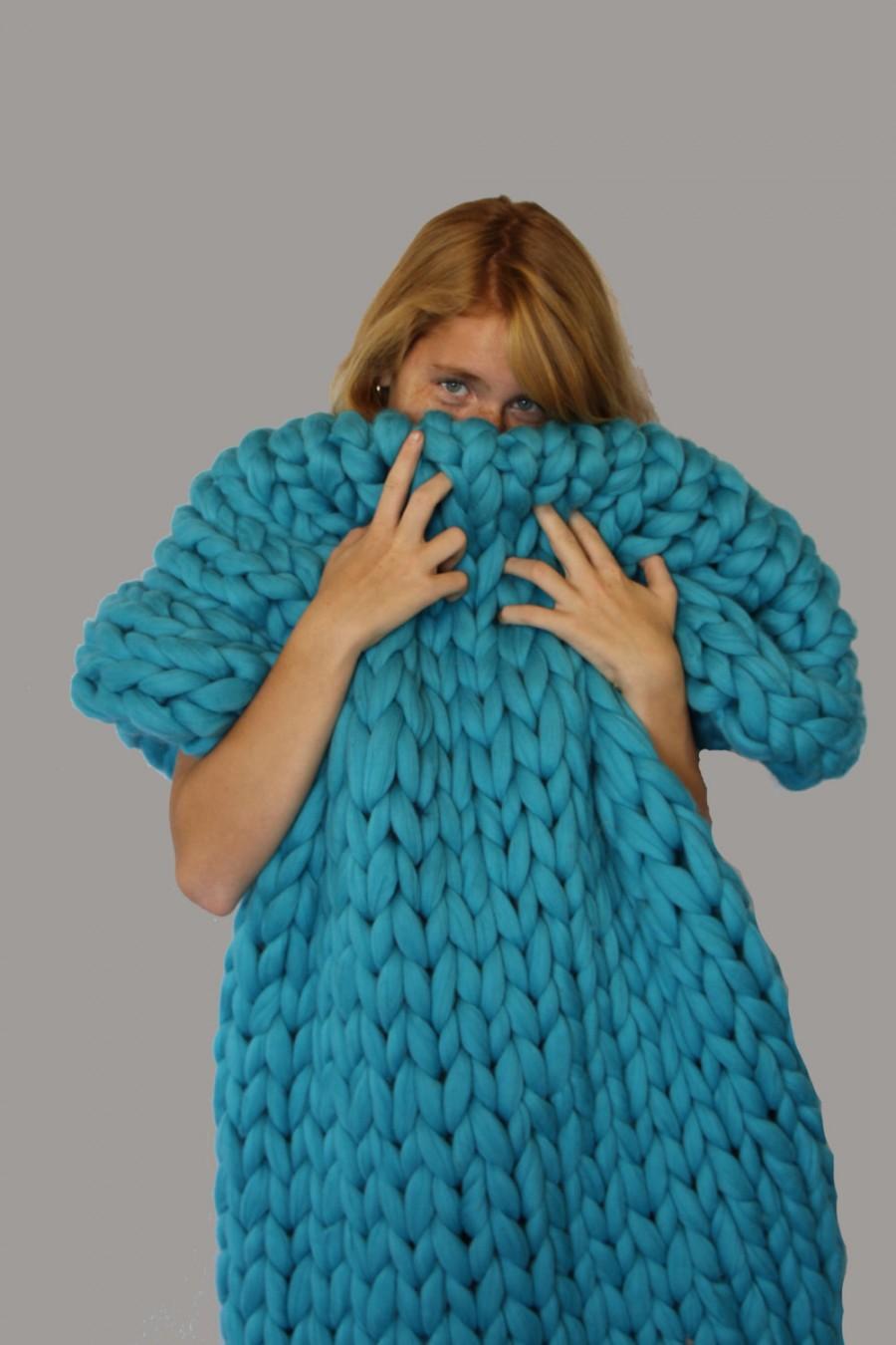 Wedding - Chunky Knit blanket, Handmade Gifts, Wool blanket, Knitted blanket, Chunky blanket, Knit Throw, super bulky blanket, Bulky Gift, Turquoise