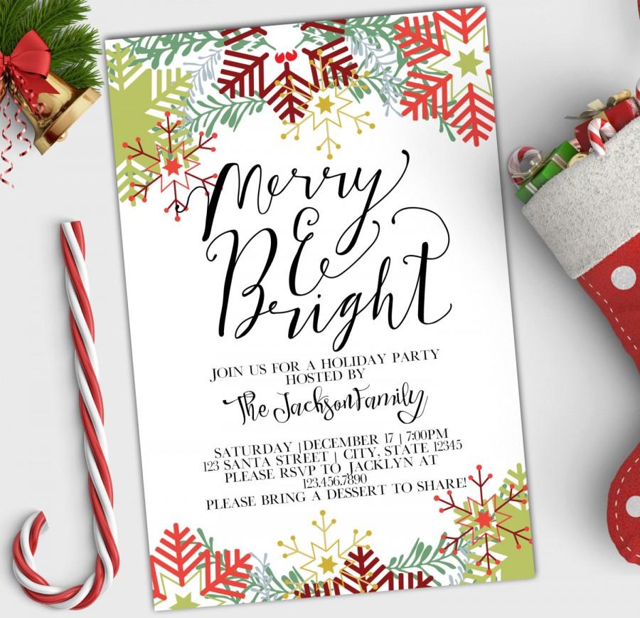 Свадьба - Holiday Party Invitation - Merry and Bright Christmas Invite - Yule - Winter Snowflakes - Wedding Rehearsal - Printable or Printed - 4x6