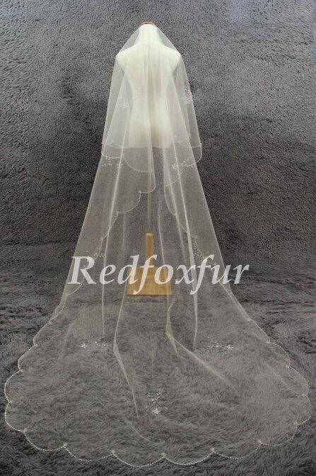 زفاف - Ivory Cathedral Veil 1 tier Bridal Veil Refinement Hand-beaded Veil Crescent edge Veil Wedding dress veil Wedding Accessories No comb
