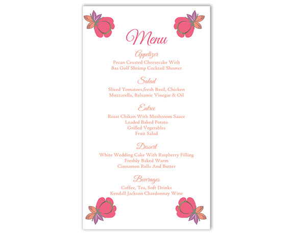Hochzeit - Wedding Menu Template DIY Menu Card Template Editable Text Word File Instant Download Pink Menu Floral Menu Template Printable Menu 4x7inch