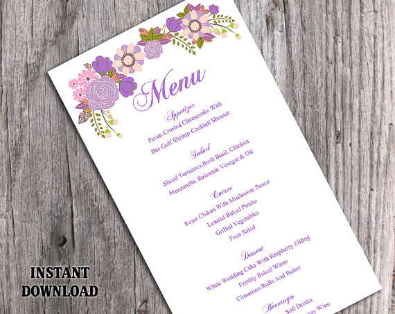 Свадьба - Wedding Menu Template DIY Menu Card Template Editable Text Word File Instant Download Purple Menu Floral Menu Template Printable Menu 4x7"