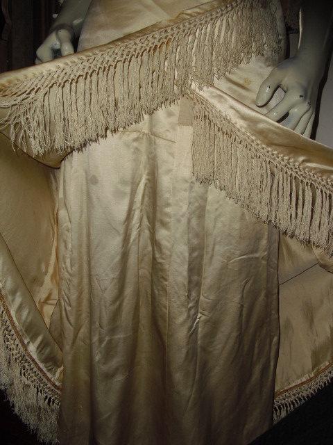 Wedding - Rare Antique Victorian Wedding Gown Shiny Ivory Silk  Lace Hand Made Silk Fringe