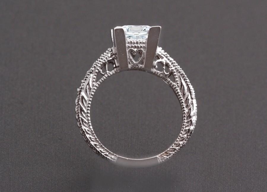 زفاف - 14k White Gold Princess Cut Heart Filigree Engagement Ring, Antique Design