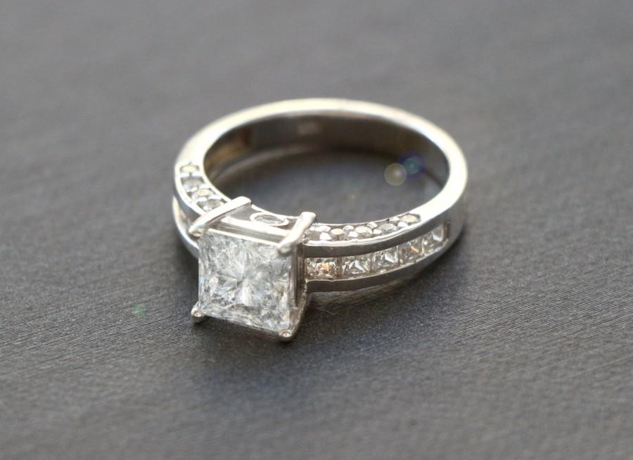 زفاف - 1.5 Ct Princess Cut Square 14K White Gold Solitaire Cubic Zirconia Accents Stones Engagement Ring // Jewelry
