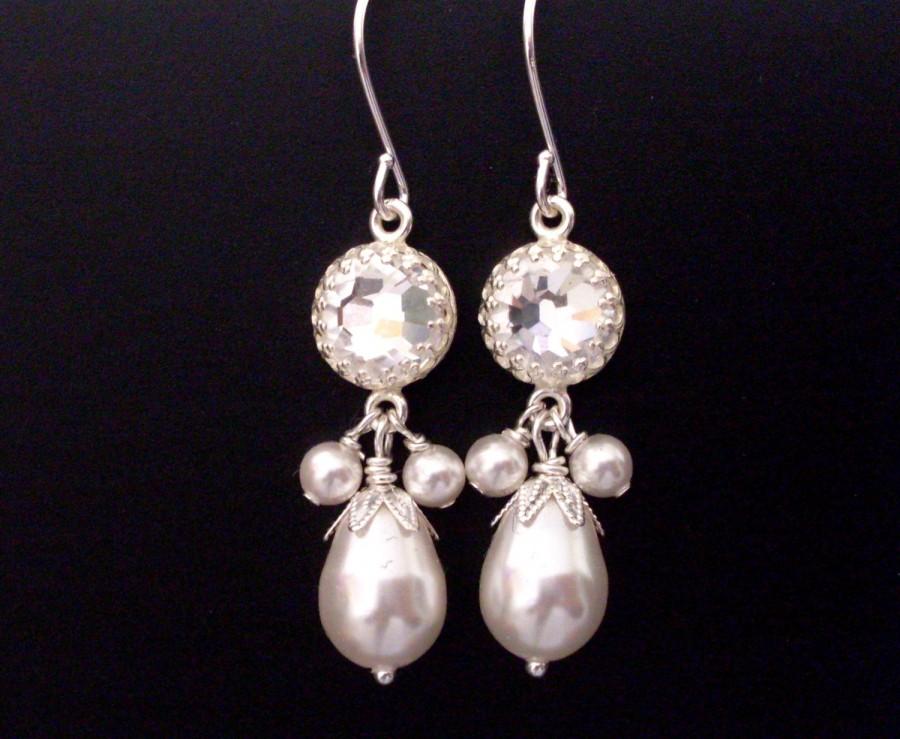 Hochzeit - Pearl dangle rhinestone earrings, white teardrop pearl bridal earrings, set stone clear Austrian crystal, bright silver bridal pearl jewelry