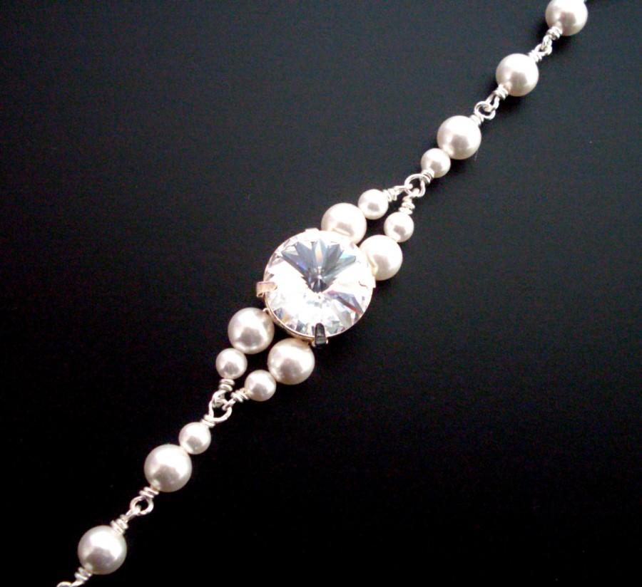زفاف - White pearl rhinestone bracelet, Austrian crystal bridal bracelet, rhinestone center, wire wrapped pearl link bracelet, white pearl jewelry