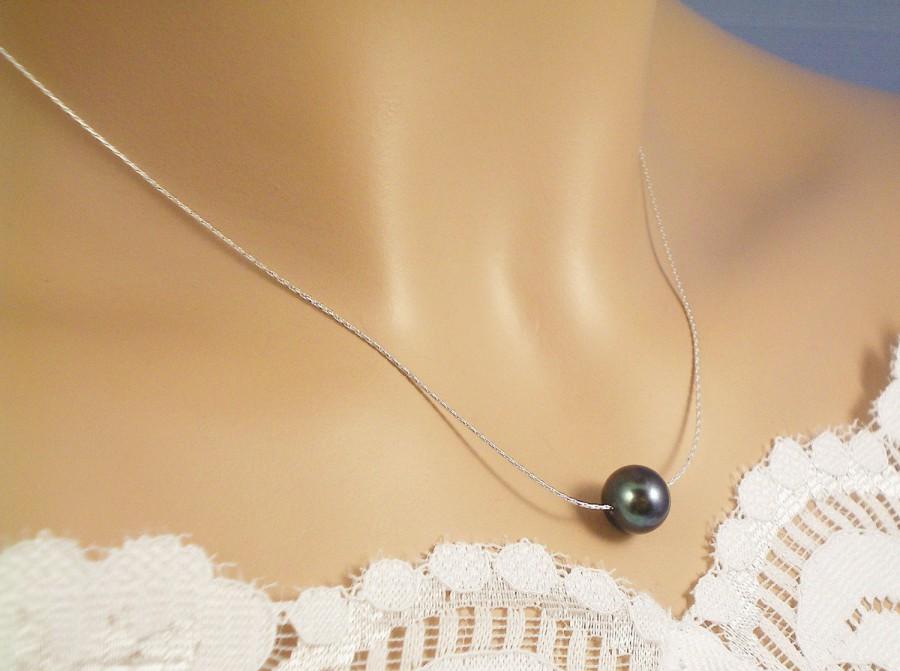 زفاف - Black Pearl Necklace, AAA 8 mm Black Solitaire Freshwater Pearl & Fine Sterling Silver Chain Necklace, Pearl Necklace