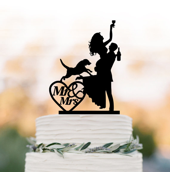 Wedding - Drunk Bride Wedding Cake topper with dog, bride and groom silhouette, mr and mrs in heart, funny people figurine cake decor