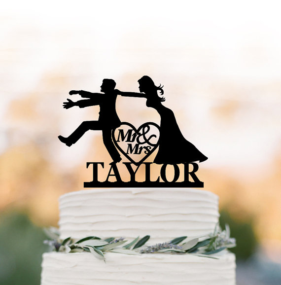 Wedding - Personalized Wedding Cake topper funny, mr and mrs Bride and groom silhouette with custom name