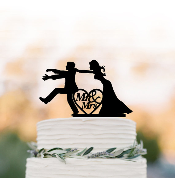 Wedding - Mr and mrs Wedding Cake topper funny, Bride and groom silhouette , cake decor,